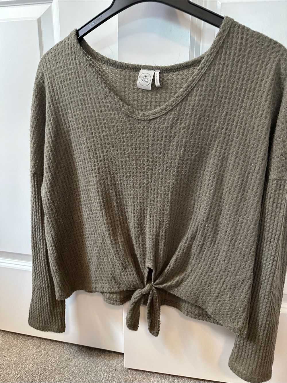 Paper Crane Olive Waffle-Knit Tie-Front Top